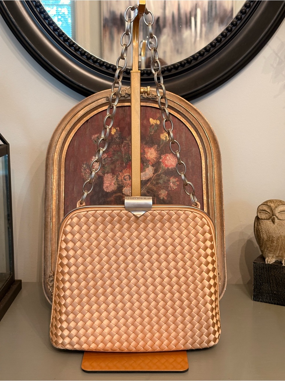 Vintage Bottega Veneta Satin Intrecciato Frame Shoulder Bag Clutch - Champagne